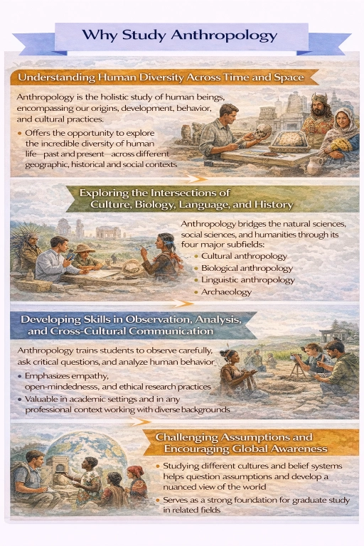 Infographic titled Why Study Anthropology with five illustrated panels.