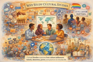 A diverse group of students discussing ideas around a table, surrounded by symbols of media, identity, power, culture, language, and global society, illustrating the purpose and value of Cultural Studies.