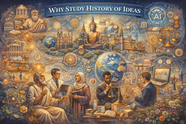 Symbolic illustration showing the history of ideas across philosophy, religion, science, and AI.