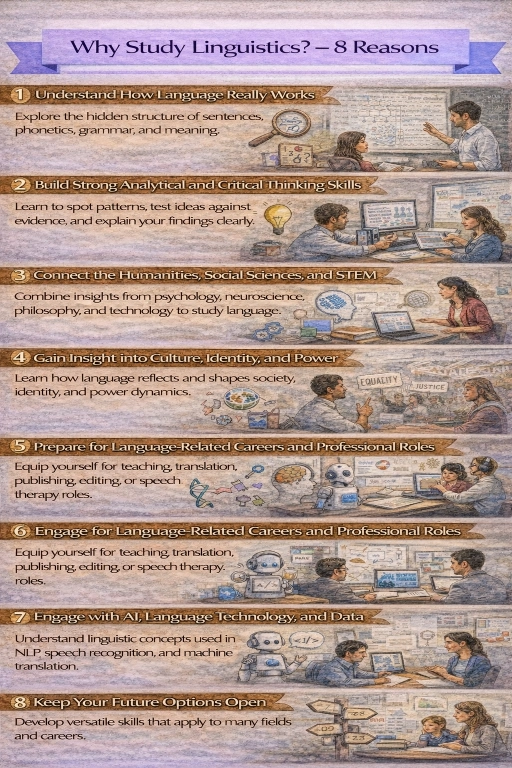 Watercolor-style infographic titled “Why Study Linguistics? – 8 Reasons,” showing eight illustrated panels about language structure, analytical thinking, interdisciplinary links, culture and power, careers, AI and language technology, communication skills, and flexible future pathways.