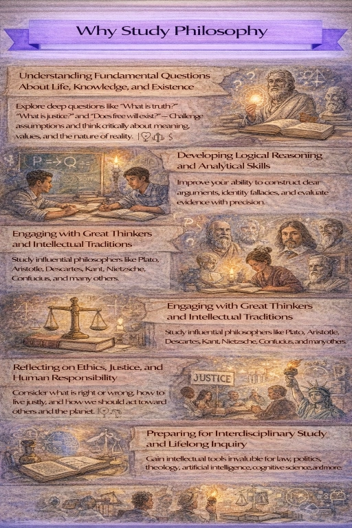 Watercolor infographic titled “Why Study Philosophy,” showing illustrated panels on big questions, logical reasoning, great thinkers, ethics/justice, and interdisciplinary learning.