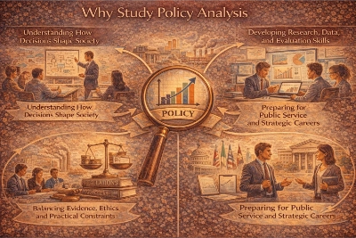 Infographic titled “Why Study Policy Analysis” with a central magnifying glass over a rising chart, surrounded by four scenes on societal impact, research and data evaluation, balancing ethics and constraints, and pathways to public service careers.
