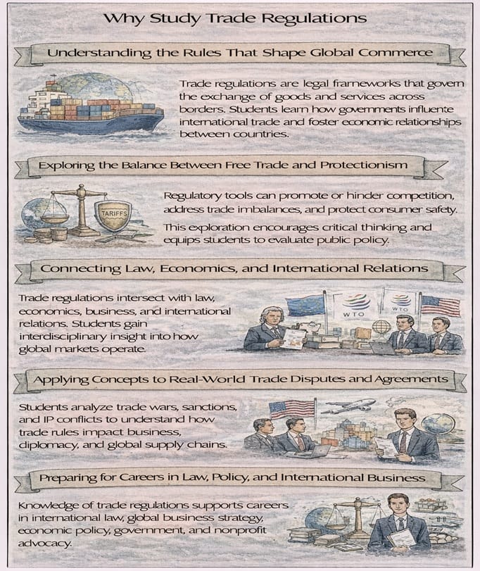 Why Study Trade Regulations—an educational infographic with five illustrated panels explaining how trade rules shape global commerce, balance free trade and protectionism, connect law/economics/international relations, apply to real disputes, and support related careers.