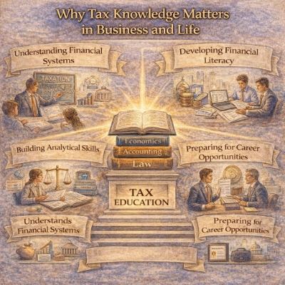 Watercolor-style infographic titled “Why Tax Knowledge Matters in Business and Life,” showing a central glowing book labeled “Tax Education” resting on “Economics,” “Accounting,” and “Law,” with four surrounding scenes about understanding financial systems, developing financial literacy, building analytical skills, and preparing for career opportunities.