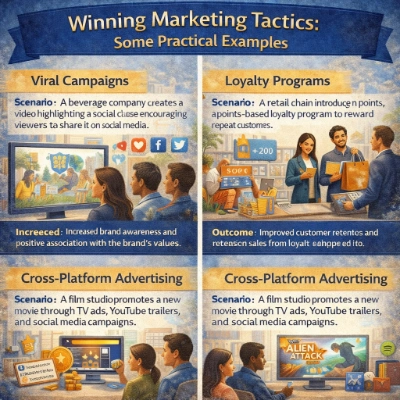 Infographic titled “Winning Marketing Tactics: Some Practical Examples,” showing three tactics—viral campaigns, loyalty programs, and cross-platform advertising—with scenes of social-media sharing, points rewards at retail, and a movie promotion across TV and online channels.