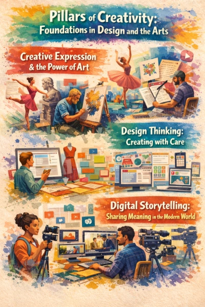 Infographic titled “Pillars of Creativity: Foundations in Design and the Arts,” with three illustrated panels: creative expression (dancer, painter, sculpture, musician), design thinking (prototypes, sticky notes, fashion and interface sketches), and digital storytelling (camera crew, screens, video editing and media icons) on a colorful watercolor background.