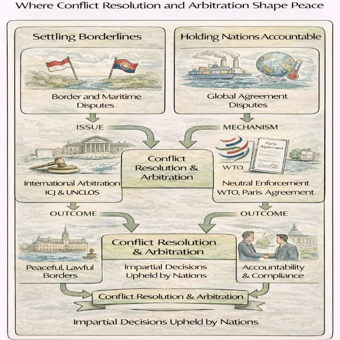 IDEF-style diagram showing how conflict resolution and arbitration turn border and treaty disputes into peaceful borders and compliance, using institutions like ICJ/UNCLOS and WTO/Paris Agreement.