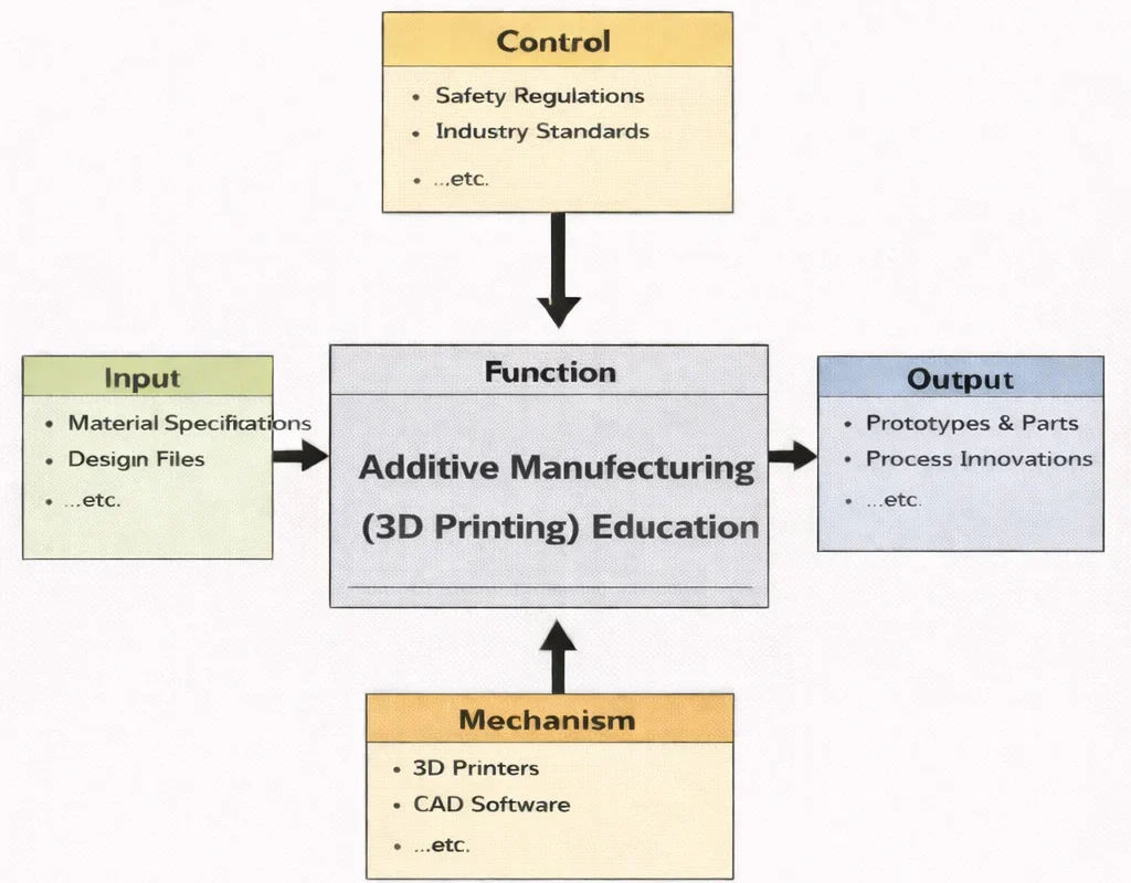 IDEF0 diagram for Additive Manufacturing (3D Printing) Education showing inputs, controls, outputs, and mechanisms feeding a central “Function” box.