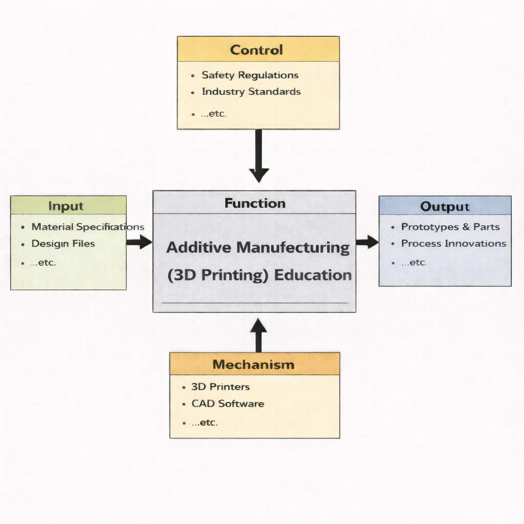 IDEF0 diagram for Additive Manufacturing (3D Printing) Education showing inputs, controls, outputs, and mechanisms feeding a central “Function” box.