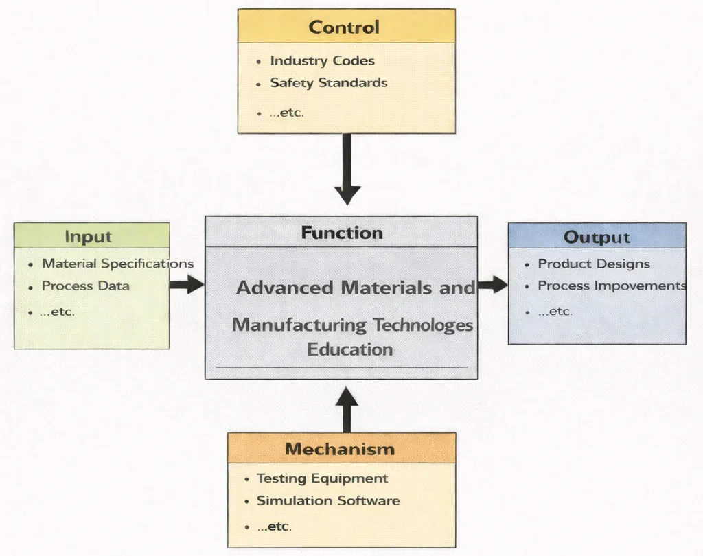 IDEF0 (I–C–O–M) diagram for “Advanced Materials and Manufacturing Technologies Education,” showing Inputs (materials innovations, process data), Controls (quality standards, safety regulations), Mechanisms (nanomaterials, precision machinery), and Outputs (new products, efficiency gains).