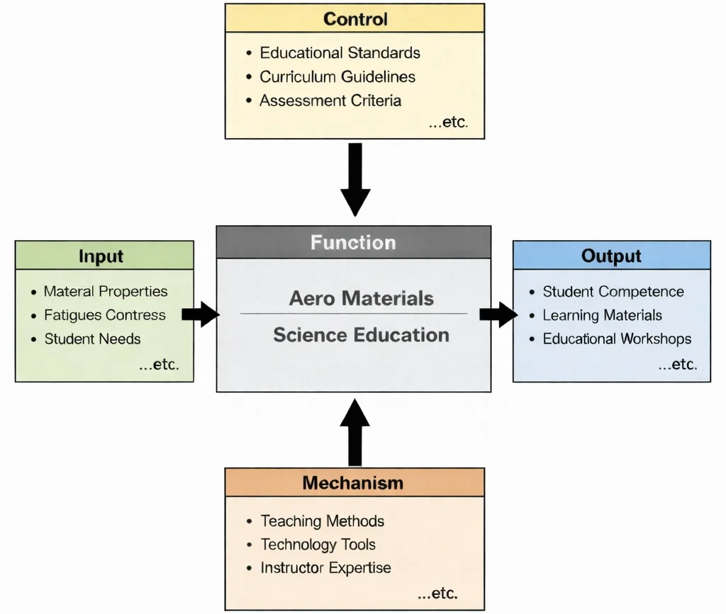 IDEF0 diagram of “Aero Materials Science Education” showing input, control, mechanism, and output boxes connected by arrows to a central function.