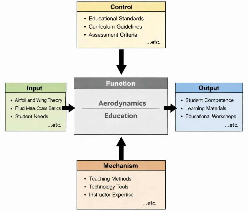 IDEF0 diagram of “Aerodynamics Education” showing inputs, controls, mechanisms, and outputs connected to a central function box.