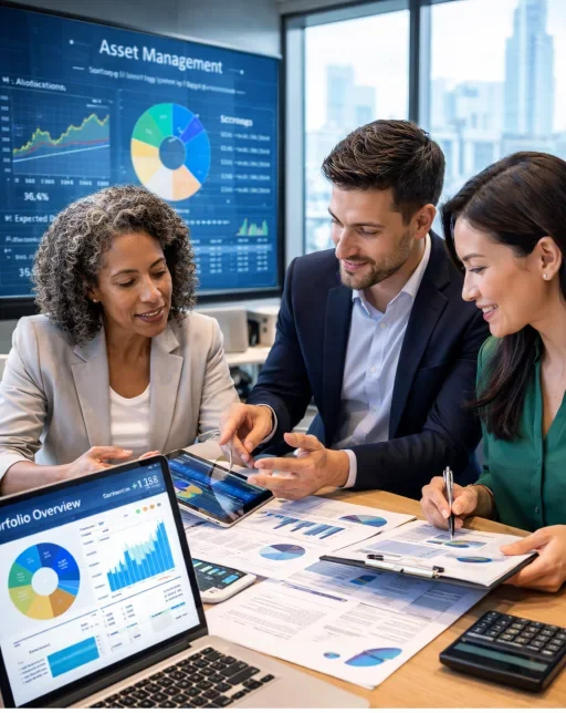Finance professionals reviewing portfolio data and asset allocation charts together during an asset management strategy meeting.