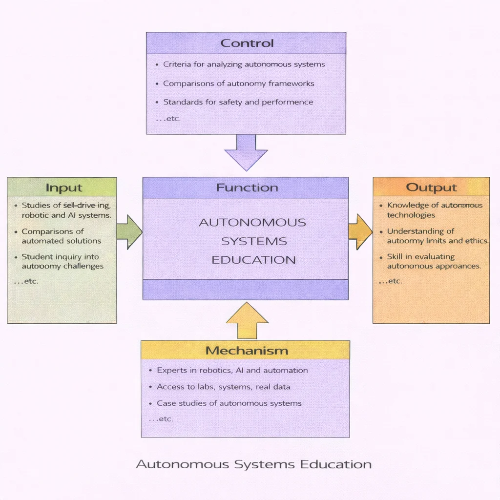 IDEF0 diagram showing “Autonomous Systems Education” as the central function, with Inputs (studies of self-driving/robotic/AI systems), Controls (analysis criteria, autonomy frameworks, safety standards), Mechanisms (experts, labs and real data, case studies), and Outputs (knowledge, ethical awareness, evaluation skills).