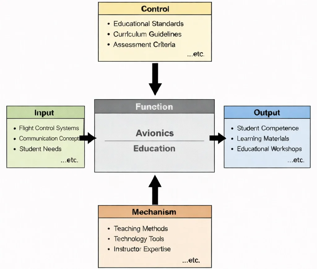 IDEF0 diagram of “Avionics Education” showing inputs, controls, mechanisms, and outputs connected by arrows to a central function box.