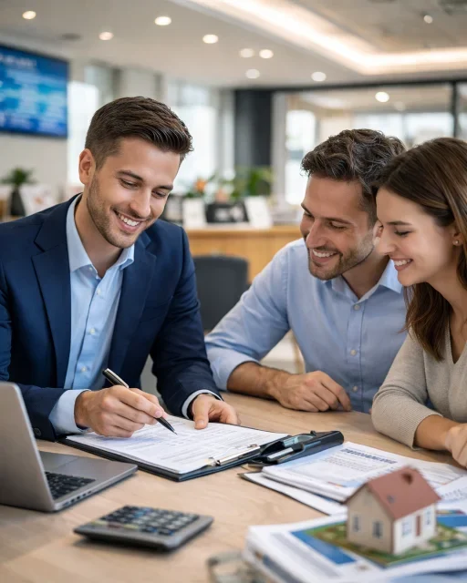 Bank advisor explaining loan or credit documents to a couple during a financial consultation in a modern office.