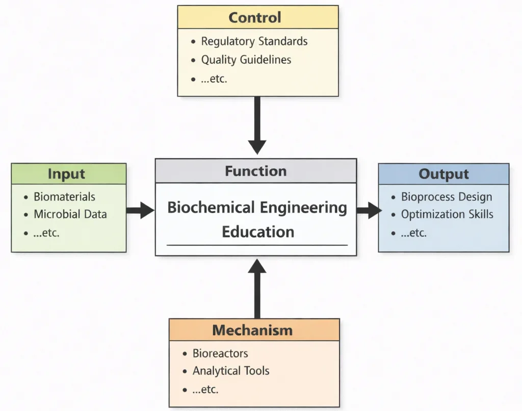 IDEF0 diagram of Biochemical Engineering Education showing Inputs (biological materials, process data), Controls (biosafety rules, quality standards), Mechanisms (bioreactors, lab analysis tools), and Outputs (bioprocess skills, design capability).