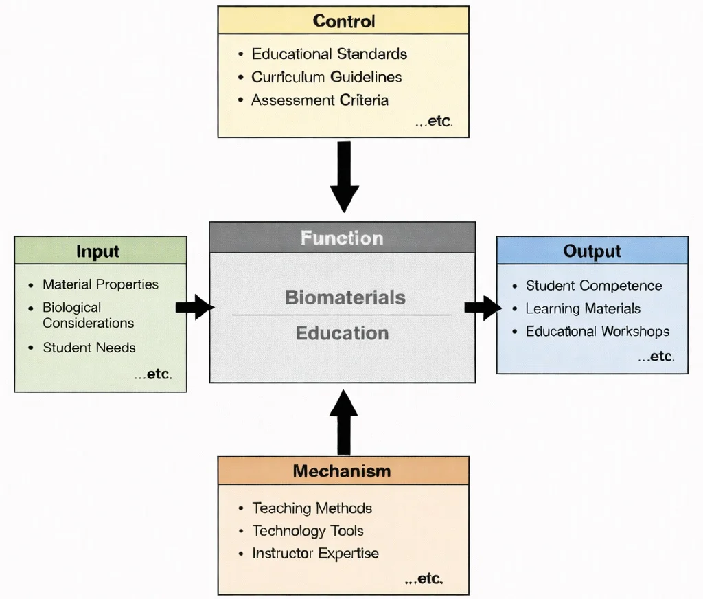 IDEF0 diagram of “Biomaterials Education” showing inputs, controls, mechanisms, and outputs connected by arrows to a central function box.