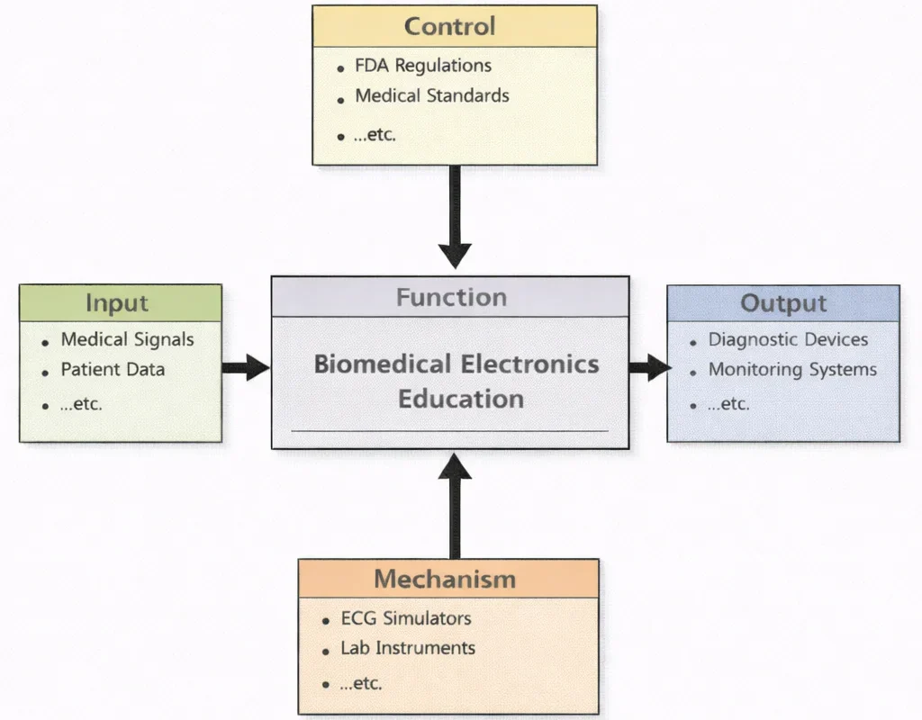 IDEF0 diagram of Biomedical Electronics Education showing Inputs, Controls, Mechanisms, and Outputs flowing through a central “Function” box.