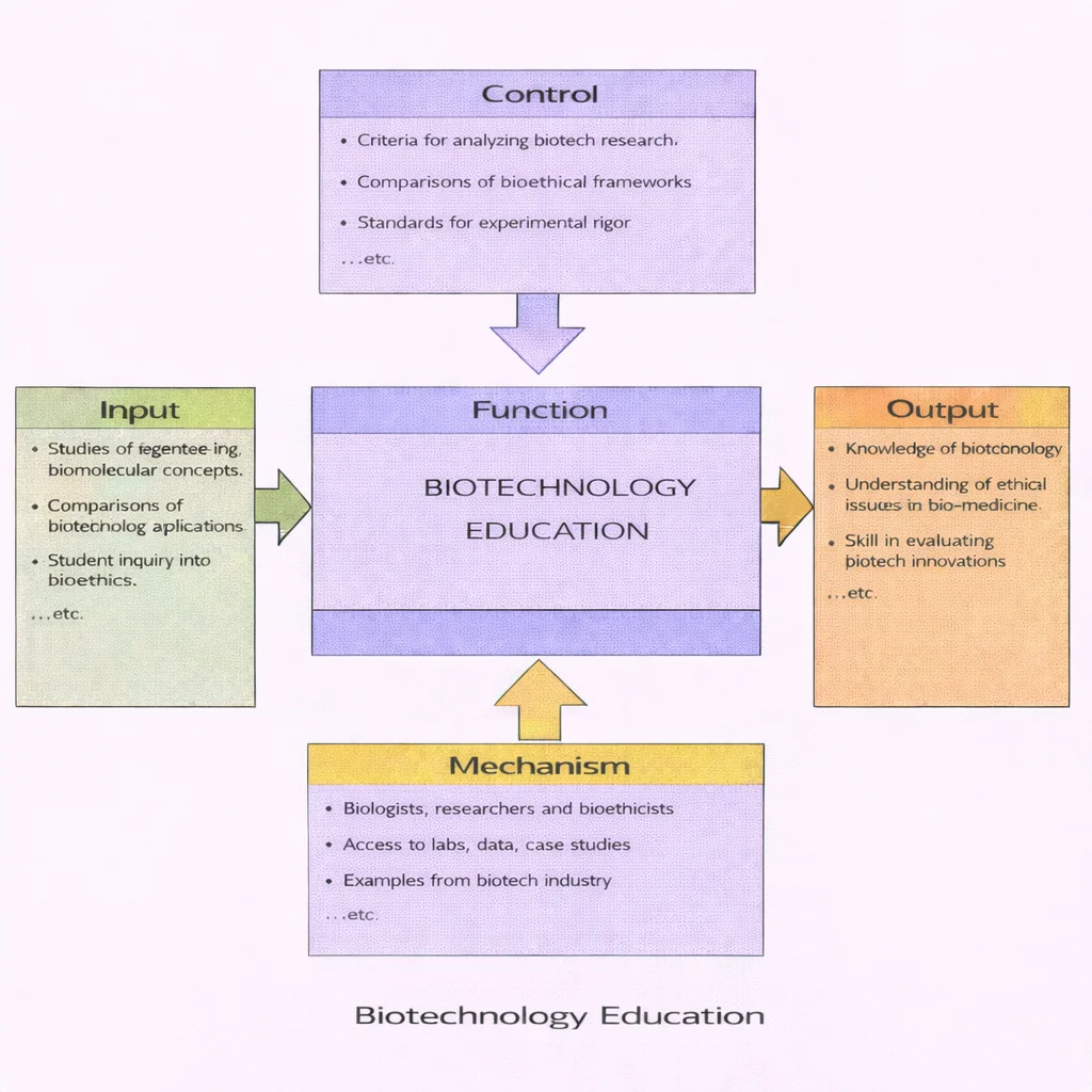 IDEF0 diagram of Biotechnology Education showing Inputs and Controls feeding the central Function, which produces Outputs, enabled by Mechanisms.