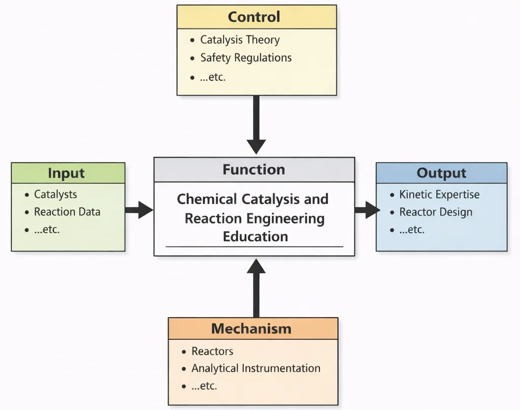 IDEF0 diagram of Chemical Catalysis and Reaction Engineering Education showing Inputs (catalysts, reaction data), Controls (catalysis theory, safety regulations), Mechanisms (reactors, analytical instrumentation), and Outputs (kinetic expertise, reactor design).