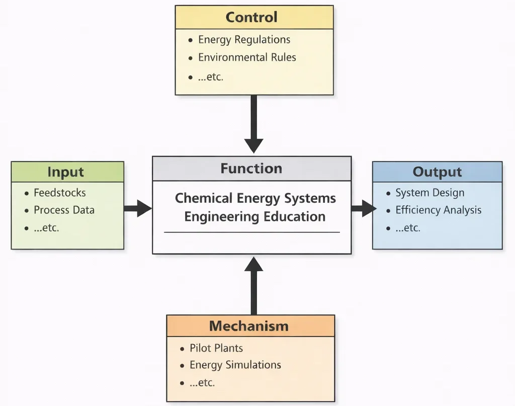 IDEF0 diagram of Chemical Energy Systems Engineering Education showing Inputs (feedstocks, process data), Controls (energy regulations, environmental rules), Mechanisms (pilot plants, energy simulations), and Outputs (system design, efficiency analysis).