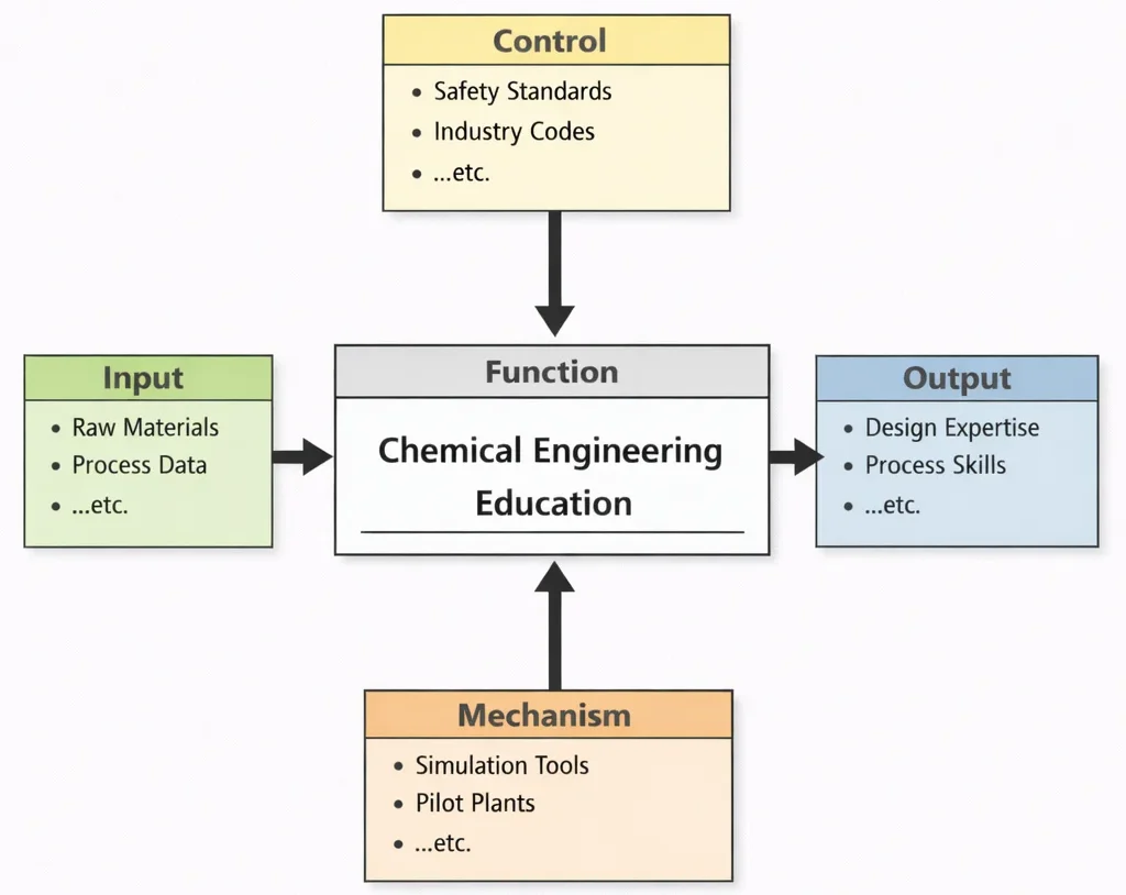 IDEF0 diagram of Chemical Engineering Education showing Inputs (raw materials, process data), Controls (safety standards, industry codes), Mechanisms (simulation tools, pilot plants), and Outputs (design expertise, process skills).
