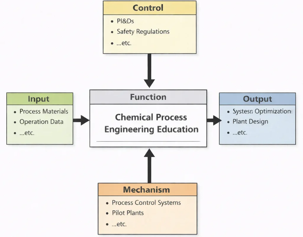 IDEF0 diagram of Chemical Process Engineering Education showing Inputs (process materials, operation data), Controls (P&IDs, safety regulations), Mechanisms (process control systems, pilot plants), and Outputs (system optimization, plant design).