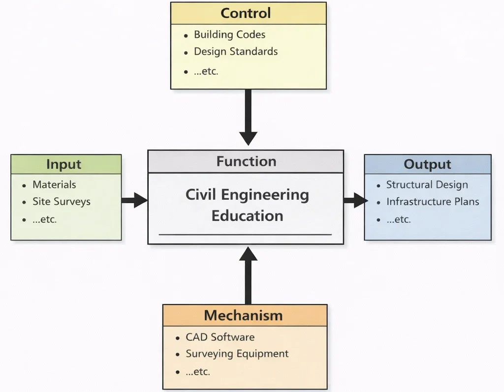 IDEF0 diagram of Civil Engineering Education showing Inputs (materials, site surveys), Controls (building codes, design standards), Mechanisms (CAD software, surveying equipment), and Outputs (structural design, infrastructure plans).