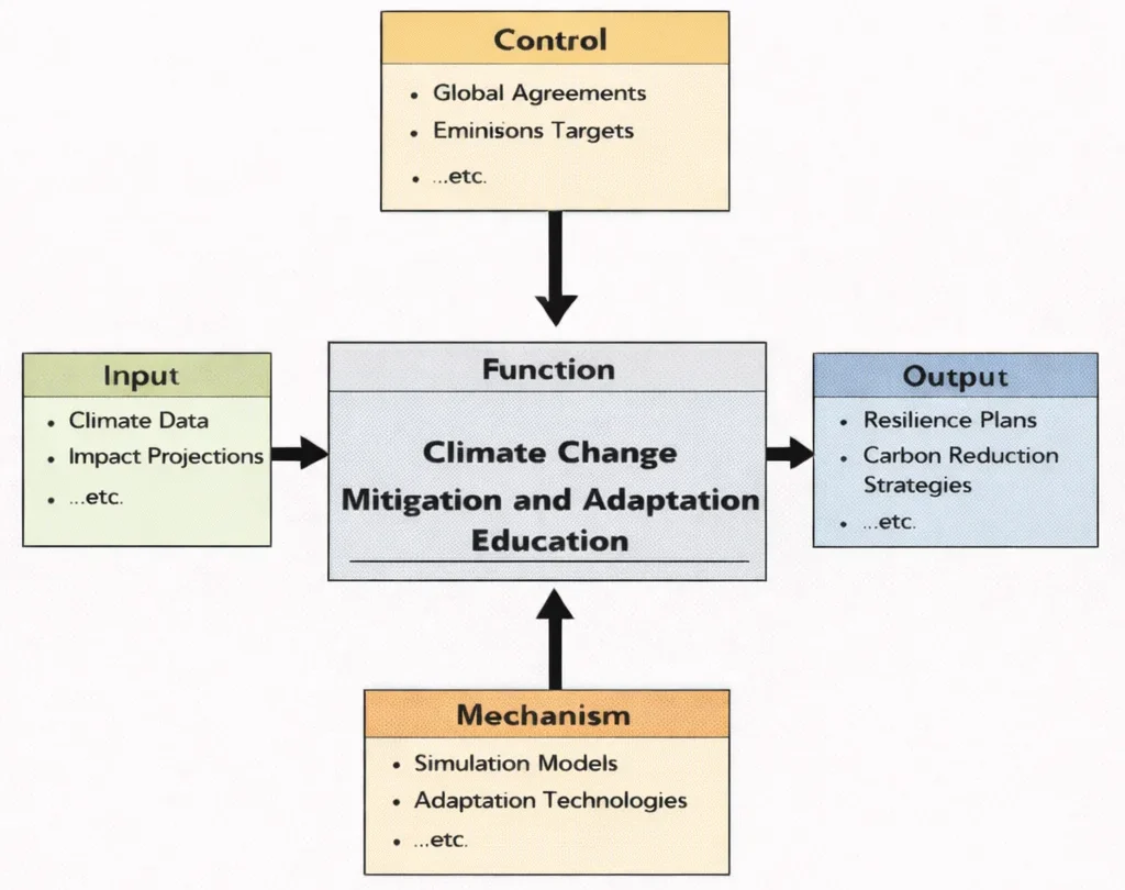 IDEF0 diagram for Climate Change Mitigation and Adaptation Education showing inputs (climate data, impact projections), controls (global agreements, emissions targets), mechanisms (simulation models, adaptation technologies), and outputs (resilience plans, carbon reduction strategies).