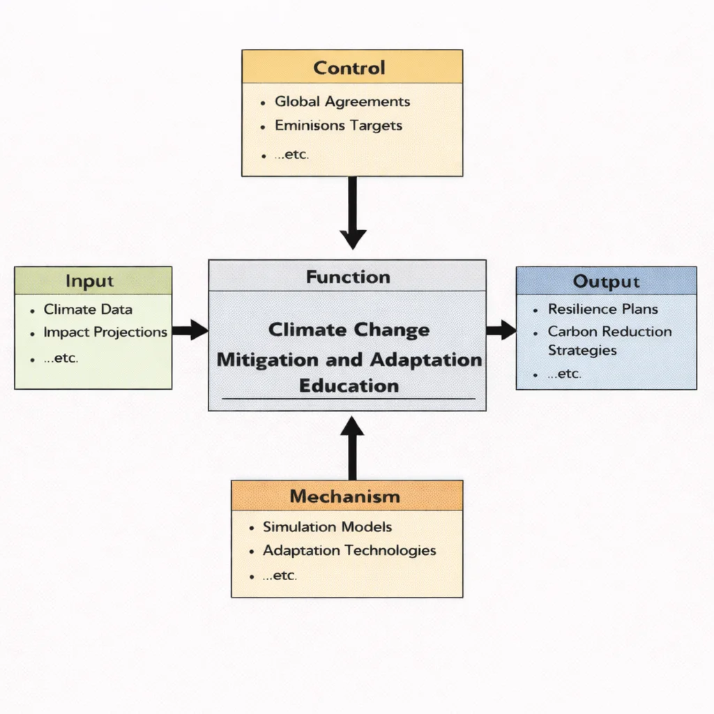 IDEF0 diagram for Climate Change Mitigation and Adaptation Education showing inputs (climate data, impact projections), controls (global agreements, emissions targets), mechanisms (simulation models, adaptation technologies), and outputs (resilience plans, carbon reduction strategies).