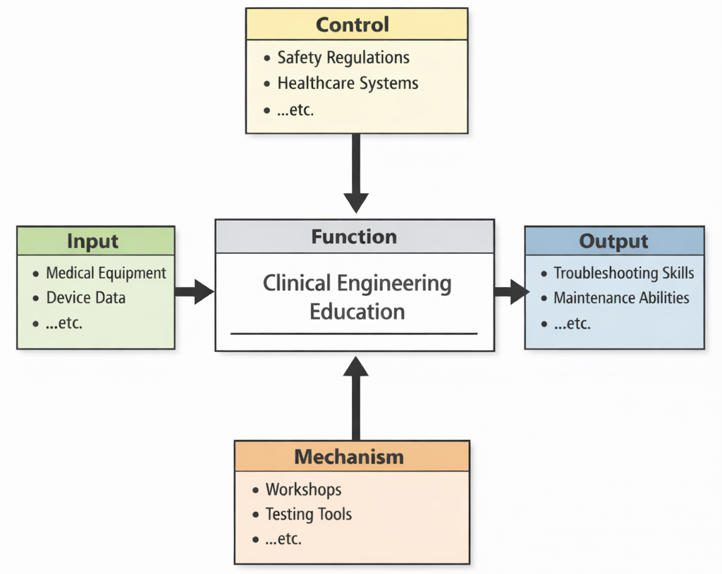 IDEF0 diagram of Clinical Engineering Education showing Inputs (medical equipment, device data), Controls (safety regulations, healthcare systems), Mechanisms (workshops, testing tools), and Outputs (troubleshooting skills, maintenance abilities).