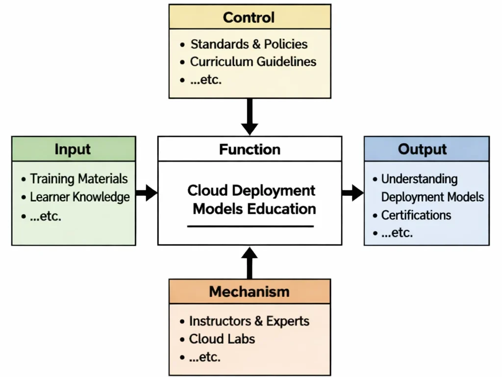 Cloud Deployment Models Education mapped in IDEF0 form: inputs and enablers shaped by controls to produce practical understanding.