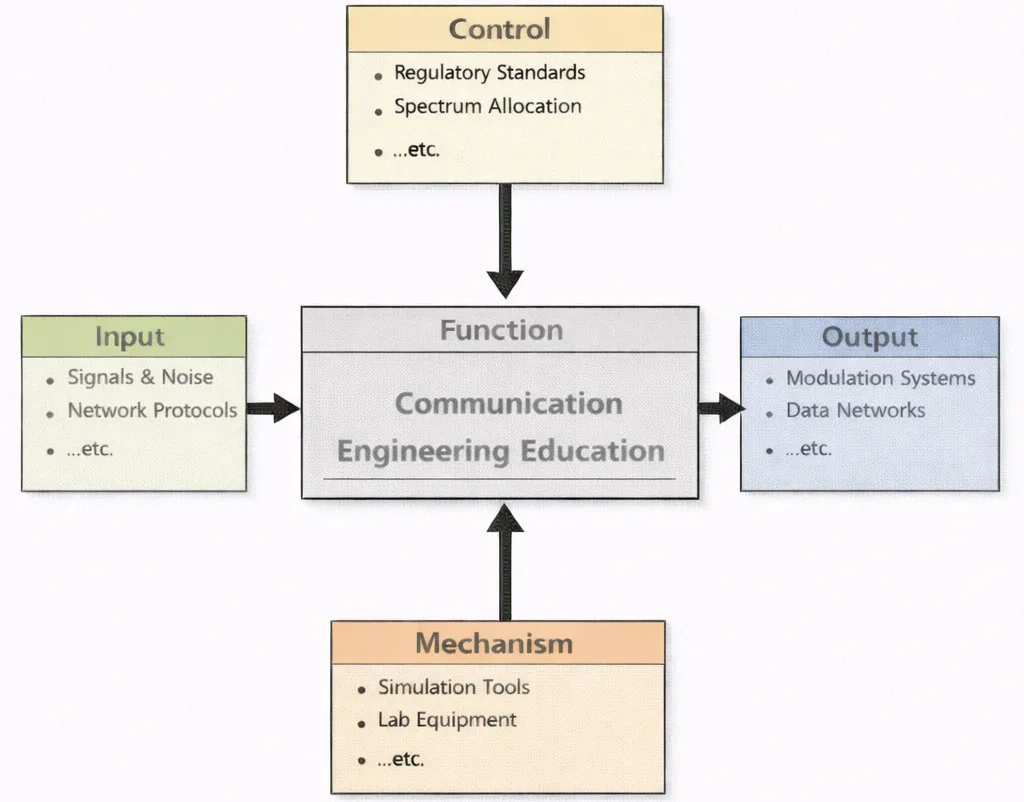 IDEF0 diagram of Communication Engineering Education showing inputs (signals & noise, network protocols), controls (regulatory standards, spectrum allocation), mechanisms (simulation tools, lab equipment), and outputs (modulation systems, data networks).