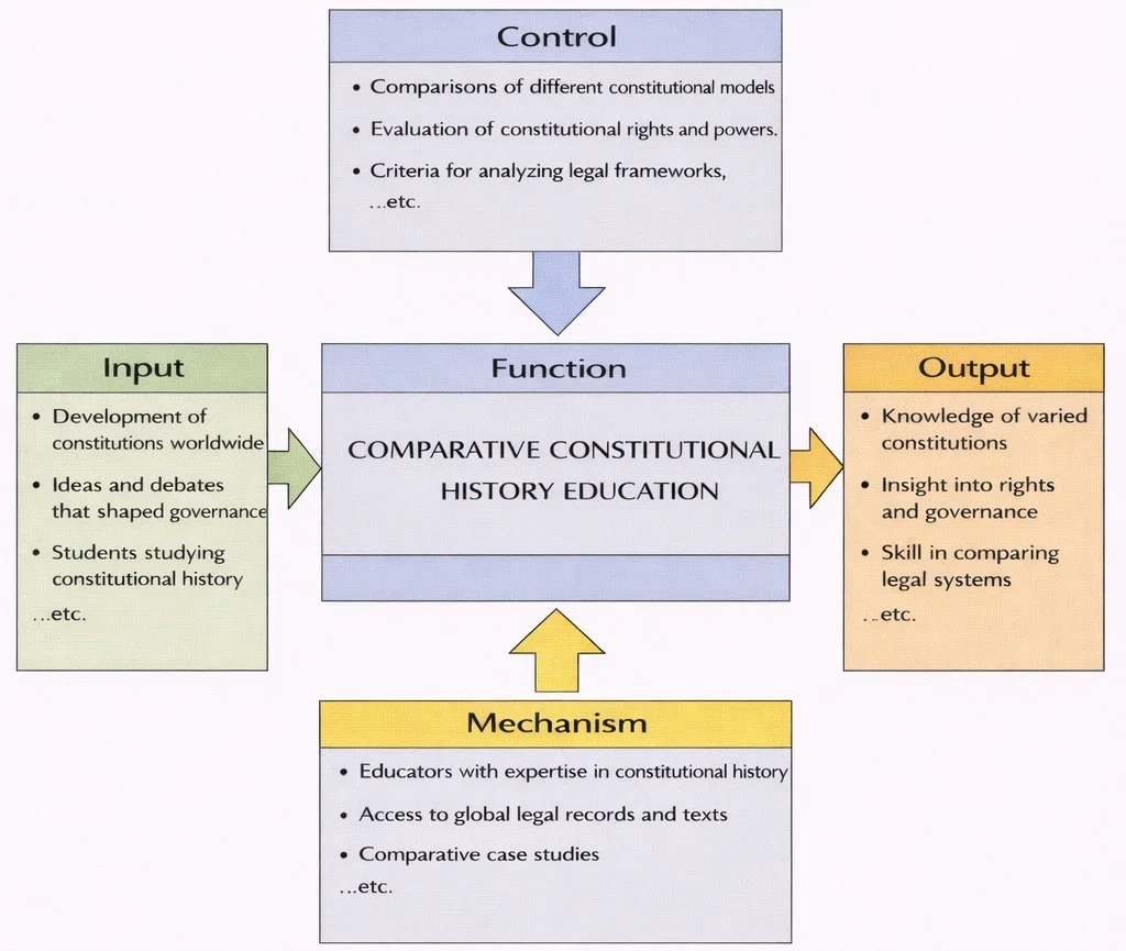 IDEF0 diagram of Comparative Constitutional History Education showing inputs, controls, mechanisms, and outputs