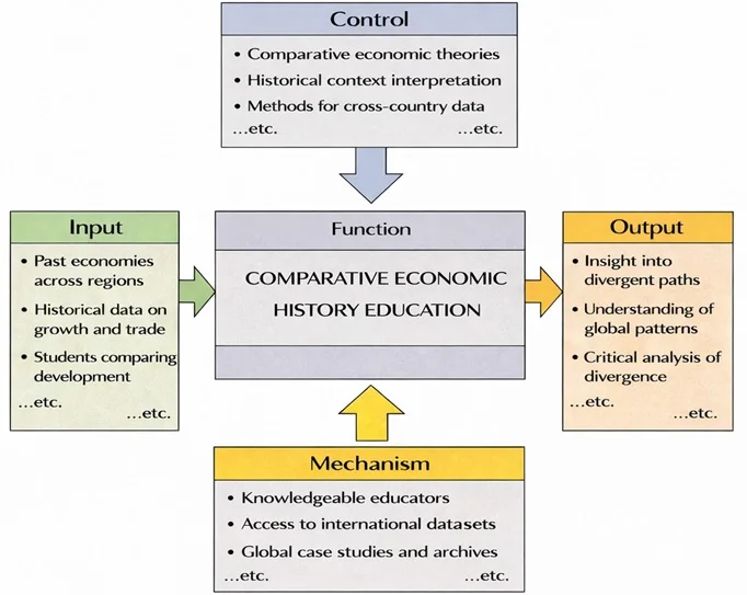 IDEF0 diagram of Comparative Economic History Education showing central function box with inputs, controls, mechanisms, and outputs