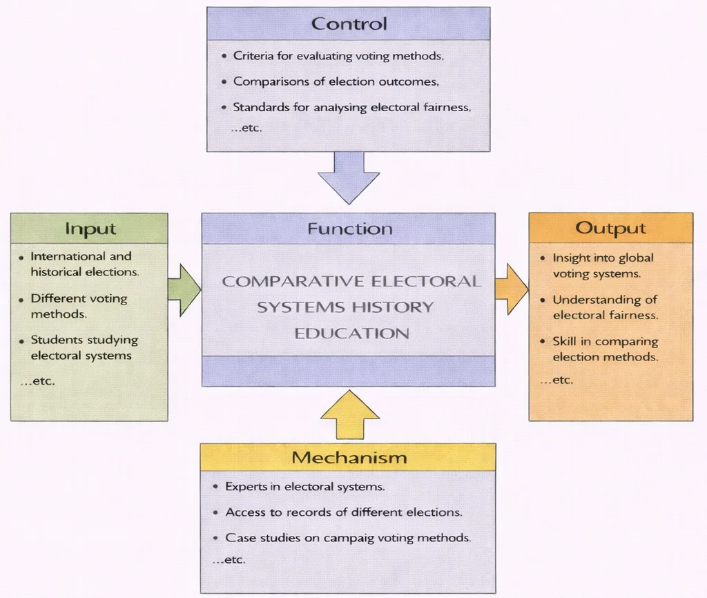 IDEF0 diagram showing Comparative Electoral Systems History Education with Input, Control, Output, and Mechanism boxes connected by arrows to a central Function box.