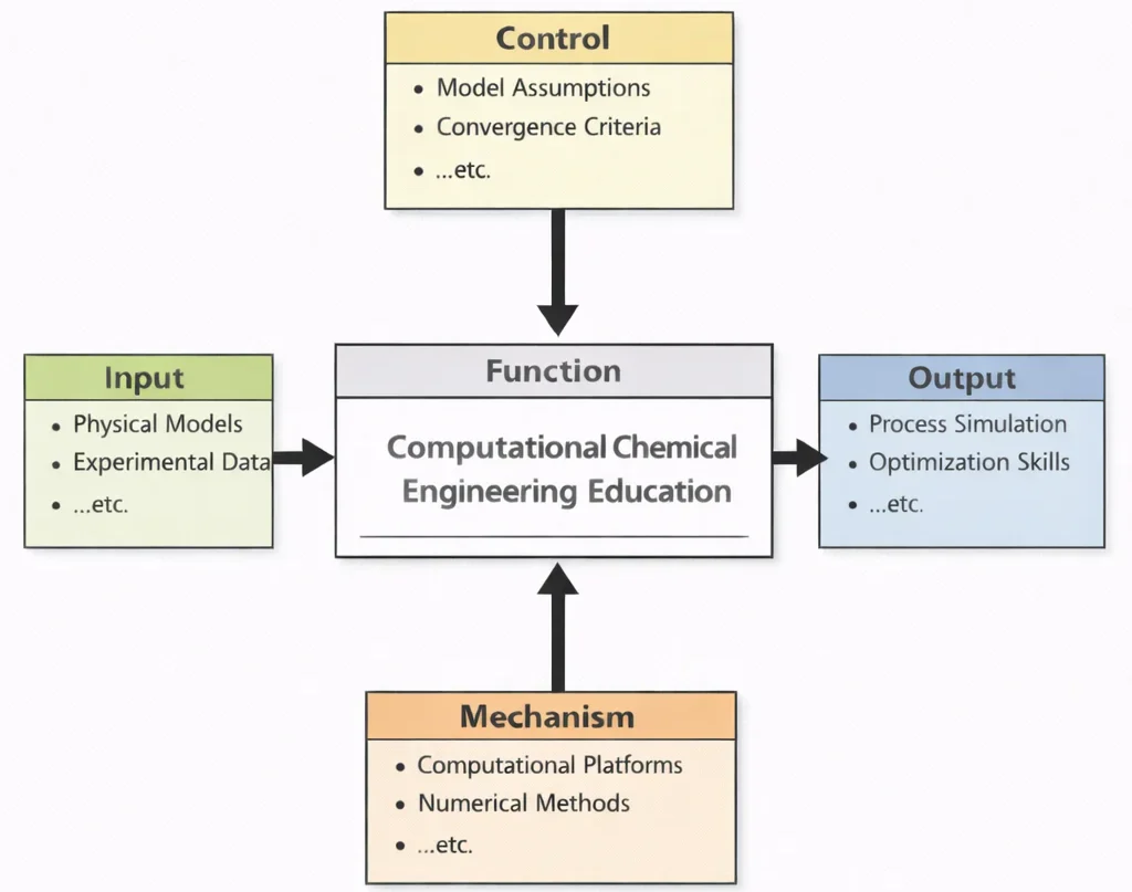 IDEF0 diagram of Computational Chemical Engineering Education showing Inputs (physical models, experimental data), Controls (model assumptions, convergence criteria), Mechanisms (computational platforms, numerical methods), and Outputs (process simulation, optimization skills).