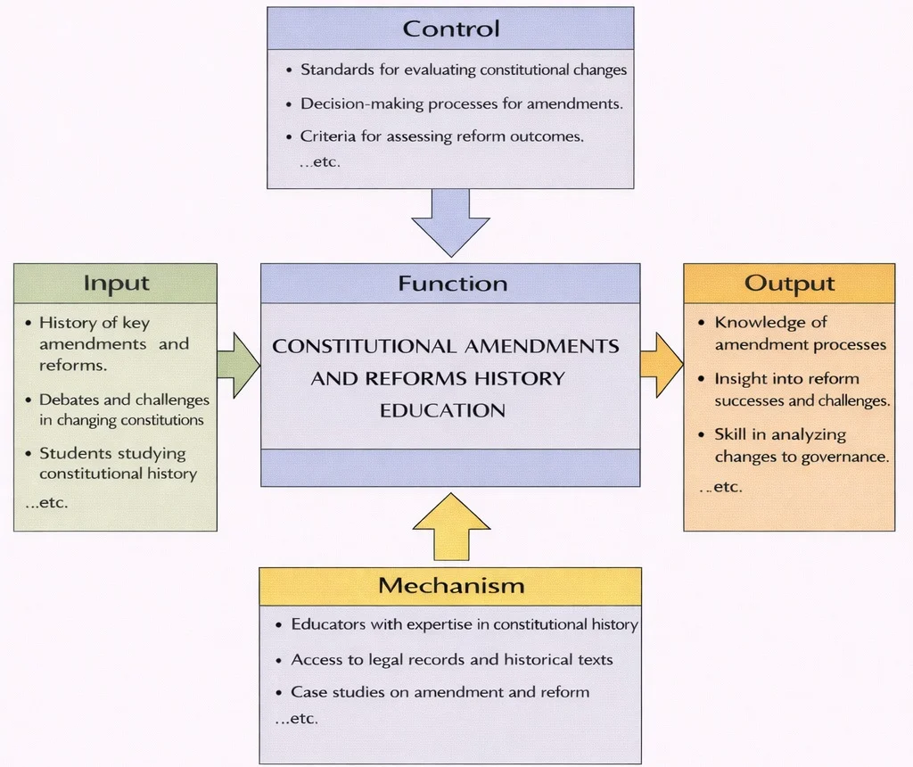 IDEF0 diagram for Constitutional Amendments and Reforms History Education showing a central Function box linked to four surrounding boxes: Input (history of key amendments and reforms; debates and challenges in changing constitutions; students studying constitutional history; …etc.), Control (standards for evaluating constitutional changes; decision-making processes for amendments; criteria for assessing reform outcomes; …etc.), Mechanism (educators with expertise in constitutional history; access to legal records and historical texts; case studies on amendment and reform; …etc.), and Output (knowledge of amendment processes; insight into reform successes and challenges; skill in analyzing changes to governance; …etc.).
