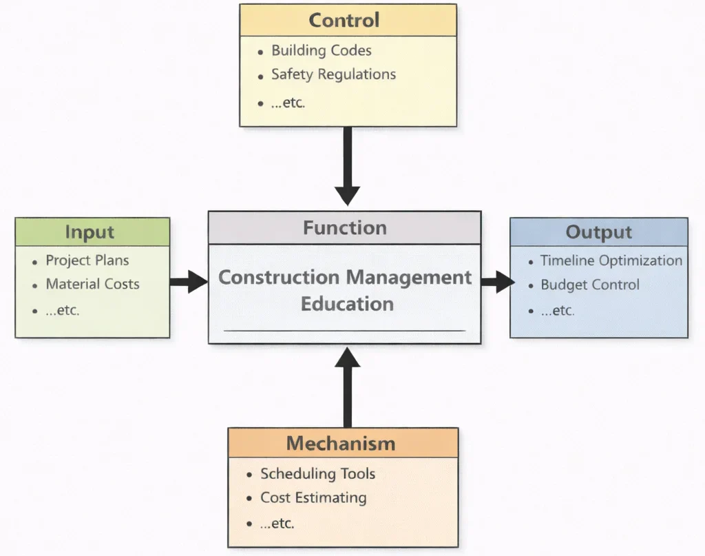 IDEF0 diagram of Construction Management Education showing Inputs (project plans, material costs), Controls (building codes, safety regulations), Mechanisms (scheduling tools, cost estimating), and Outputs (timeline optimization, budget control).