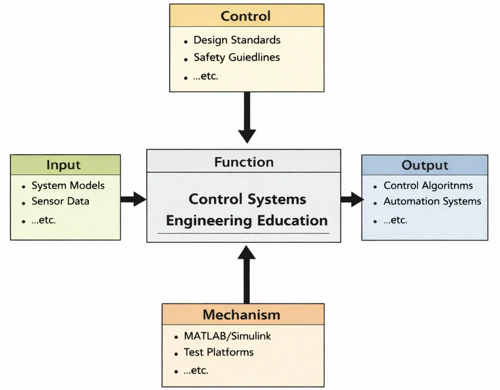 IDEF0 (I–C–O–M) diagram for Control Systems Engineering Education, showing Input (system models, sensor data), Control (design standards, safety guidelines), Mechanism (MATLAB/Simulink, test platforms), and Output (control algorithms, automation systems) flowing into and out of the central Function.