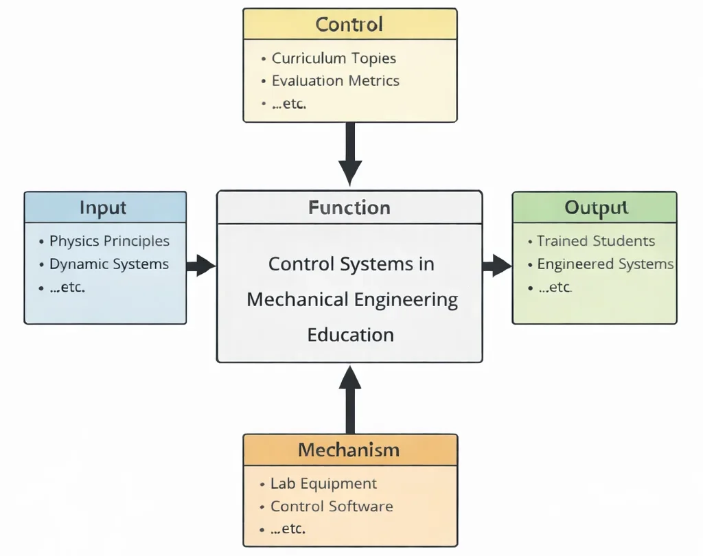 IDEF0 diagram of Control Systems in Mechanical Engineering Education showing system dynamics and feedback concepts as inputs, guided by curriculum topics and evaluation criteria, enabled by simulation tools and lab setups, producing trained students and stable, optimized systems.
