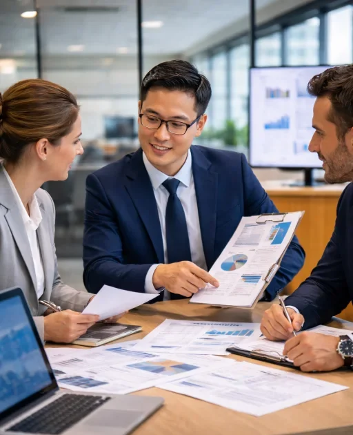 Corporate finance professionals reviewing financial reports and discussing company investment decisions in a modern office.