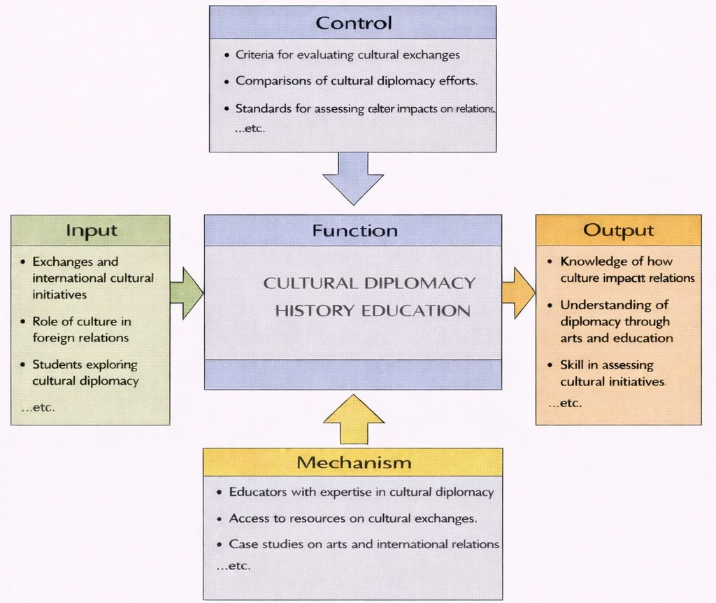 IDEF0 diagram showing Cultural Diplomacy History Education with Inputs (cultural exchanges and initiatives), Controls (evaluation criteria and comparative standards), Mechanisms (educators, resources, case studies), and Outputs (understanding how culture shapes diplomacy and skill in assessing cultural initiatives).
