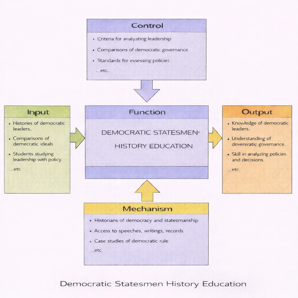 IDEF0 diagram of “Democratic Statesmen History Education” showing Input, Control, Mechanism, and Output feeding a central Function box.