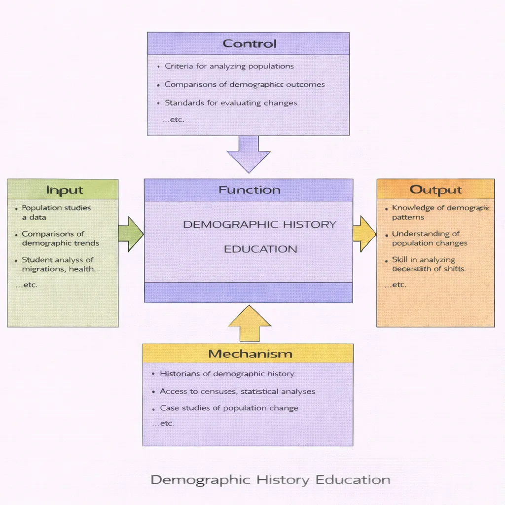 IDEF0 diagram of Demographic History Education showing Inputs, Controls, Outputs, and Mechanisms flowing into the central Function.