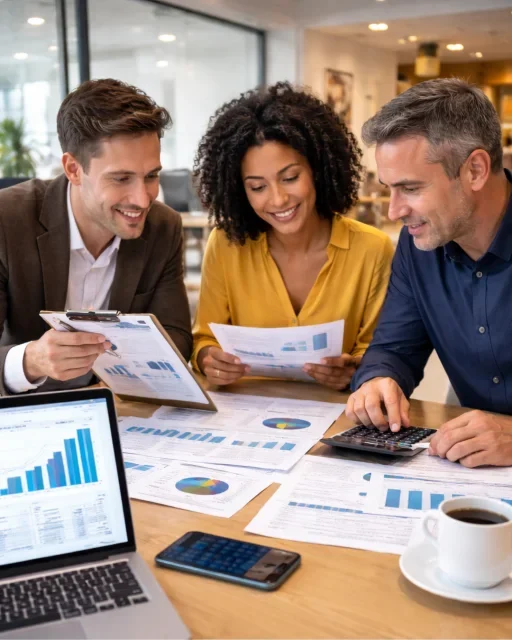 Financial analysts reviewing company financial statements, charts, and valuation data while working together at a desk.