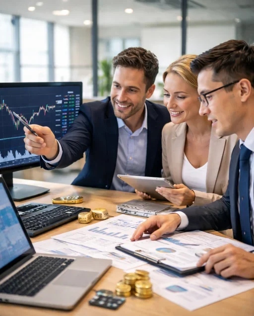 Financial professionals analyzing market charts and discussing derivative instruments and risk strategies in a modern office setting.