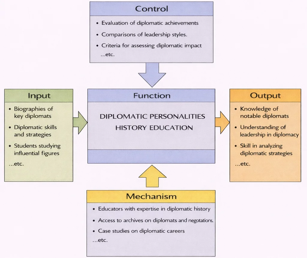 IDEF0 diagram showing “Diplomatic Personalities History Education” with Input, Control, Output, and Mechanism boxes feeding into a central Function box.