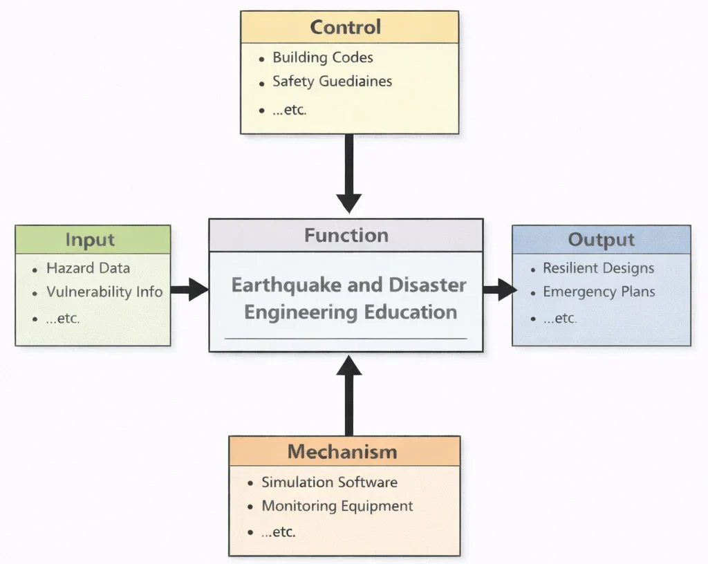 IDEF0 diagram of Earthquake and Disaster Engineering Education showing Inputs (hazard data, vulnerability info), Controls (building codes, safety guidelines), Mechanisms (simulation software, monitoring equipment), and Outputs (resilient designs, emergency plans).